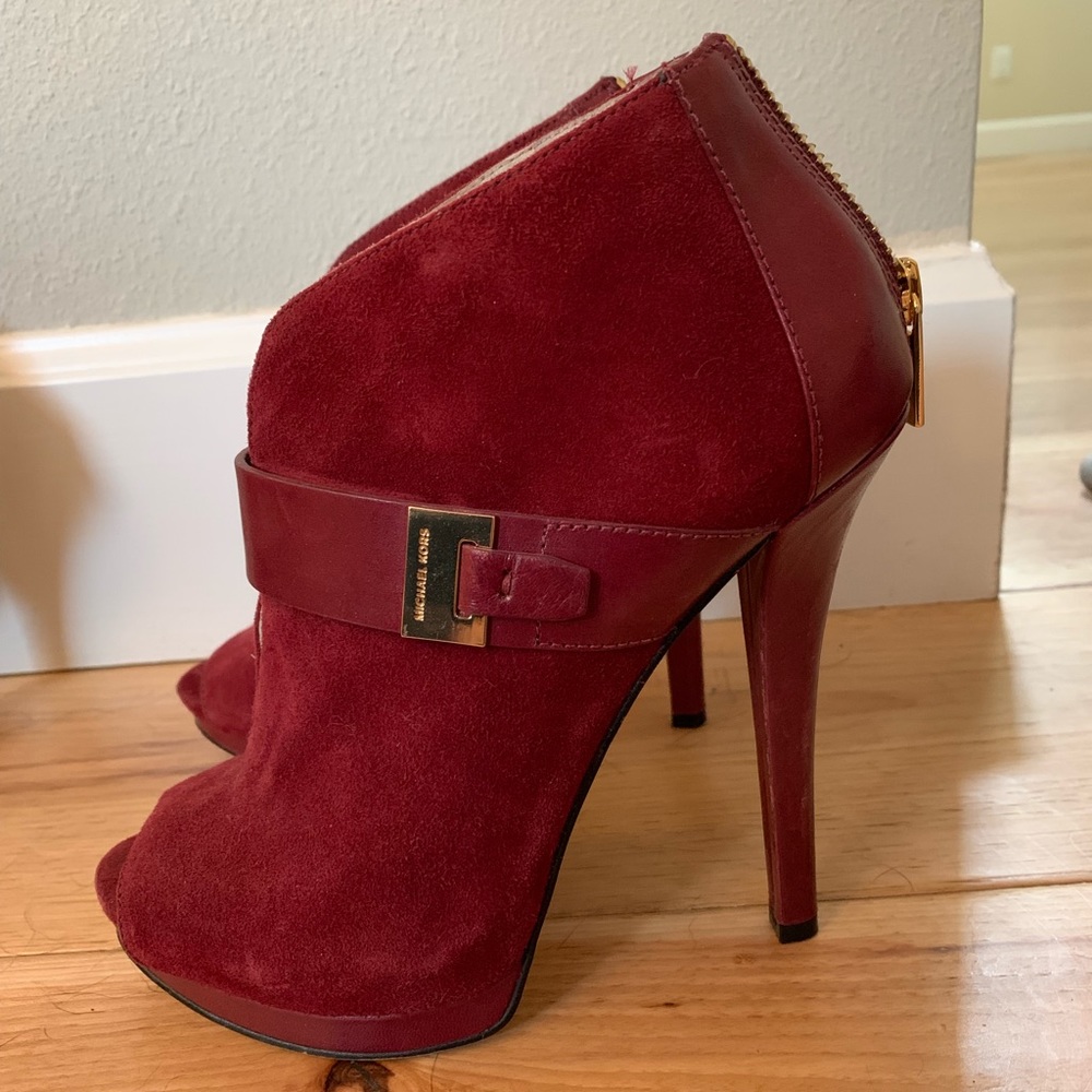 Red suede open toe bootie